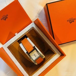 Hermes Heure H Orange Leather Watch With Box